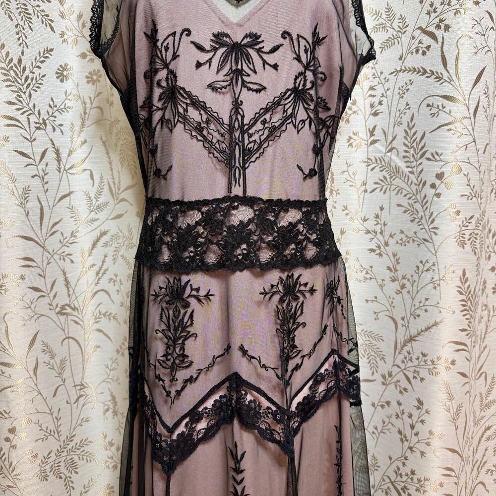 Newport News VTG Y2K Lace Mesh Flapper Dress 10 Black Pink Art Deco Gatsby 1920s - Picture 4 of 14